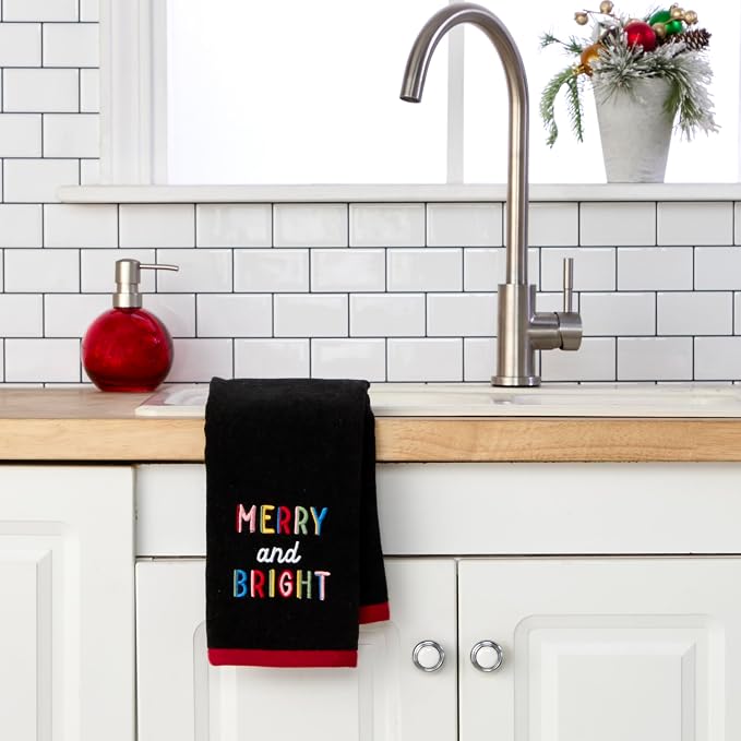 SKL Home Christmas Rainbow Merry Hand Towel Set-2pc, 100% Cotton, Black | Soft, embroidered velour. Great for the bathroom, kitchen or bar & holiday gifting.
