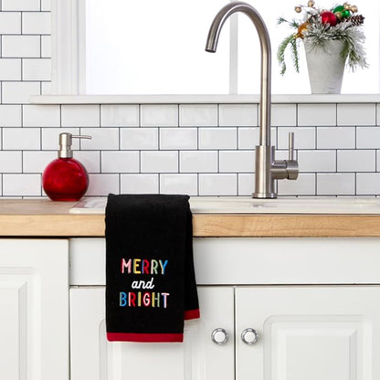 SKL Home Christmas Rainbow Merry Hand Towel Set-2pc, 100% Cotton, Black | Soft, embroidered velour. Great for the bathroom, kitchen or bar & holiday gifting.