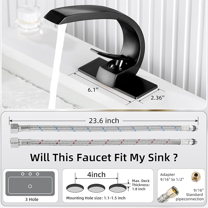 Matte Black Bathroom Sink Vanity Elegance Swan Faucet for 1 Hole with 6-Inch 3 Hole Deckplate,Rikaziya Bathroom Fixtures Basin Mixer Faucets Centerset with 9/16" Supply Hose and to 1/2" Adapter Combo