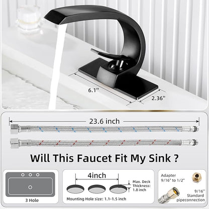 Matte Black Bathroom Sink Vanity Elegance Swan Faucet for 1 Hole with 6-Inch 3 Hole Deckplate,Rikaziya Bathroom Fixtures Basin Mixer Faucets Centerset with 9/16" Supply Hose and to 1/2" Adapter Combo