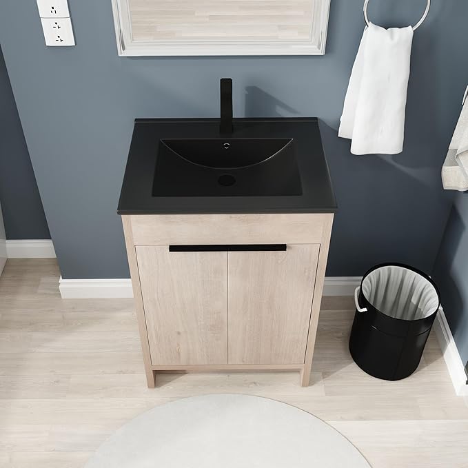 SSLine 24-Inch Bathroom Vanity with Sink Mid-Century Bathroom Vanities with Black Top Basin Floor Wood Bathroom Sink Cabinet with Soft-Close Doors & Adjustable Storage Shelves (Light Oak)