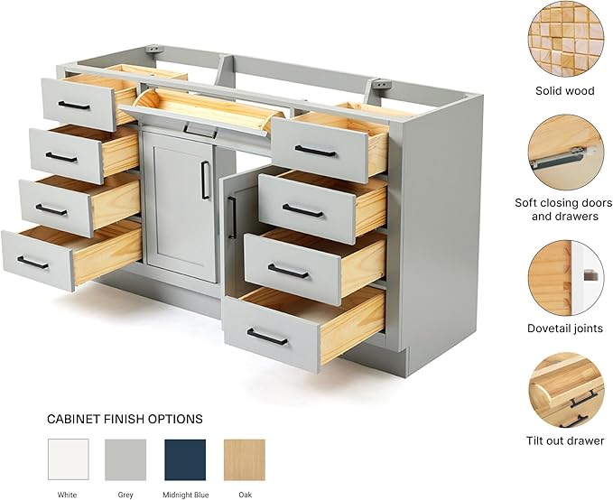 ARIEL Hepburn 60-inch Bathroom Vanity Base Cabinet,Solid Wood, 2 Soft Closing Doors, 9 Dovetail Drawers, Grey
