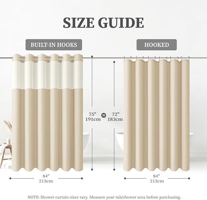 84x75 Ringless Linen Textured Shower Curtain with Snap in Liner, Cream | Extra Wide Size, 3 in 1 Durable Fabric Shower Curtain, Removable Liner, Waterproof & Washable, Mesh Top Window, Easy Setup