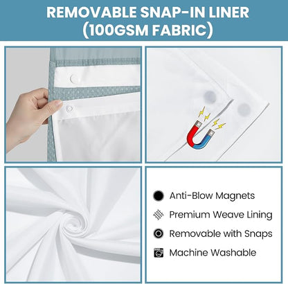 SORTTO No Hook Shower Curtain with Snap in Liner Set Waffle Shower Curtain for Bathroom Hotel Style Fabric Waterproof Inner Liner，71" W x 74" H, Fog Blue
