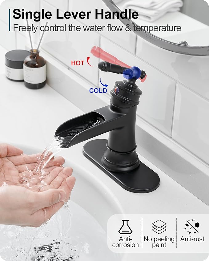 Waterfall Bathroom Faucet Black, Brass 1 Hole Bathroom Faucets Single Handle, 3 Holes 4 Inch with Pop-up Drain, Deck Plate & Supply Hoses for Vanity Lavatory RV, 5 Mins Quick Installation