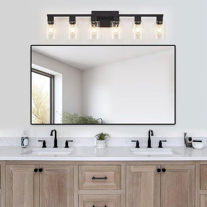 6 Light Bathroom Vanity Light, Matte Black Vanity Light Fixtures, Large Vanity Lights for Bathroom, Farmhouse Light Fixtures with Clear Glass Shade for Bathroom Over Mirror