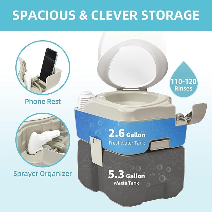 YITAMOTOR 5.3 Gal Portable Toilet for Camping, RV Toilet with Diagonal Elongated Bowl Seat, Porta Potty with Hand Sprayer, Leak-Proof for Adults, RV Travel, Hospital, Boat, Trip, Home