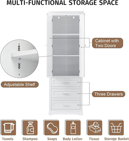 Merax 70" Pantry Cabinet with Two Doors & Three Drawer, Adjustable Shelves Storage Cupboard for Kitchen/Dining Room/Bathroom, White