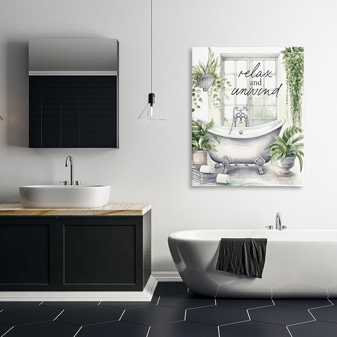 Relax Unwind Bath Foliage Bath, 36 x 48 Inch Canvas Wall Art | Stupell Industries · By Lettered and Lined · Ready to hang · Calm bathroom and bedroom accent · Made in USA