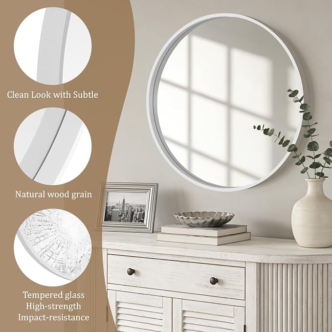 Round Wood Mirror 28 inch Circle Wall Mirror for Bathroom Round Wall Mirror for Wall Decor, Vanity, Entryway Living Room (White)