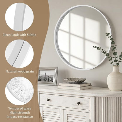 Round Wood Mirror 28 inch Circle Wall Mirror for Bathroom Round Wall Mirror for Wall Decor, Vanity, Entryway Living Room (White)