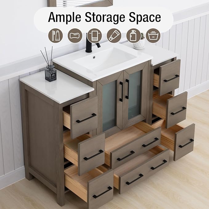 HOMEBEYOND 48 Inch Modern Bathroom Vanity with Sink & Mirror, Single Vanity Cabinet with Basin and Mirror, Dove-Tailed Drawers, Soft-Closing Doors, Wood, Driftwood Gray