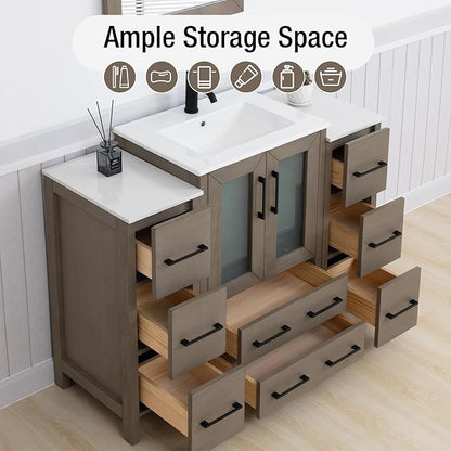 HOMEBEYOND 48 Inch Modern Bathroom Vanity with Sink & Mirror, Single Vanity Cabinet with Basin and Mirror, Dove-Tailed Drawers, Soft-Closing Doors, Wood, Driftwood Gray