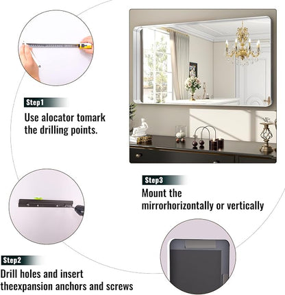 Easly 48 x 30 Inch Silver Bathroom Mirror, Rectangular Wall Mounted Shatterproof Mirror, Aluminum Alloy Frame with Rounded Corners, Horizontal or Vertical for Farmhouse Decor