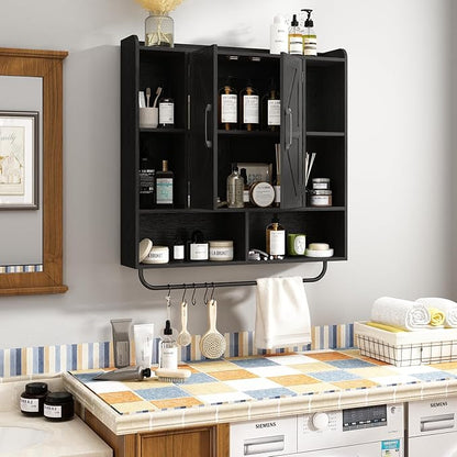RUSTOWN Rustic Wood Wall Bathroom Cabinet, Farmhouse Medicine Cabinet Wall Mounted, Space Saving Wall Storage Cabinet with 2 Barn Door, 3-Tier Adjustable Shelves and Towel Bar (Black)