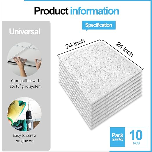Art3d 12-Pack Stucco Texture Drop Ceiling Tiles 2x2 FT - Fire-Rated, Waterproof, Reusable - Premium PVC 24x24 Inch Ceiling Panels for Living Room Kitchen Bathroom Basement Office, White