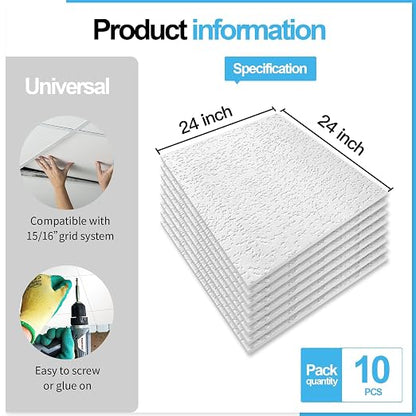 Art3d 12-Pack Stucco Texture Drop Ceiling Tiles 2x2 FT - Fire-Rated, Waterproof, Reusable - Premium PVC 24x24 Inch Ceiling Panels for Living Room Kitchen Bathroom Basement Office, White