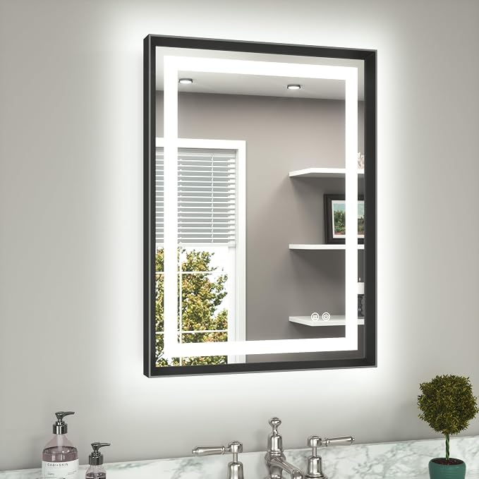 22 x 30 Bathroom LED Mirror Brushed Black Metal Frame Frontlit & Backlit Vanity Mirror Anti-Fog Stepless Dimmable 3 Colors White/Warm/Natural Mirror with Lights Wall-Mounted
