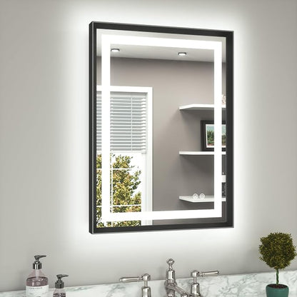 22 x 30 Bathroom LED Mirror Brushed Black Metal Frame Frontlit & Backlit Vanity Mirror Anti-Fog Stepless Dimmable 3 Colors White/Warm/Natural Mirror with Lights Wall-Mounted