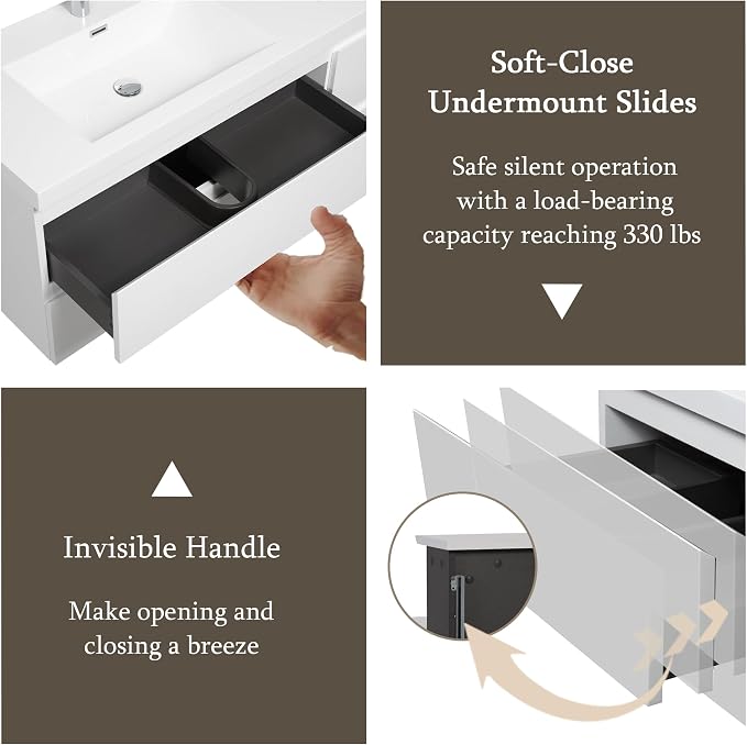 KEIKI 72" Wall-Mounted Bathroom Vanity with Double Sinks - Floating Design, 4 Soft-Close Drawers & Resin Basin, Space-Saving for Small Bathrooms, White