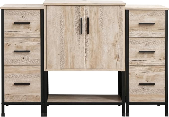 UEV 48" Rustic Oak Bathroom Vanity with Sink Combo, Industrial Iron Frame Bathroom Cabinet Sets with Double 3 Drawers Side Cabinet