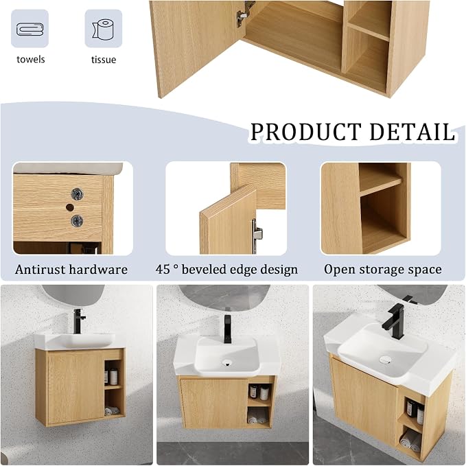 24" Bathroom Vanity with Ceramic Sink, Farmhouse Cabinet, Light Oak | Ceramic Sink, Soft-Close Door, Interior Compartment and 2-Tier Open Side Shelves, 45° Inclined Edge Handle