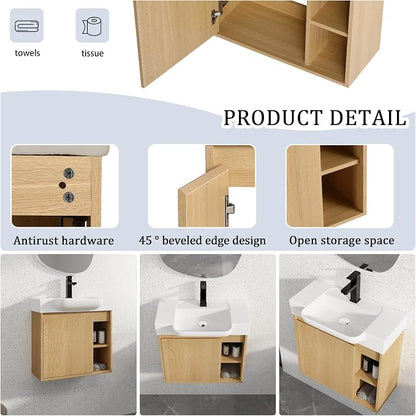 24" Bathroom Vanity with Ceramic Sink, Farmhouse Cabinet, Light Oak | Ceramic Sink, Soft-Close Door, Interior Compartment and 2-Tier Open Side Shelves, 45° Inclined Edge Handle