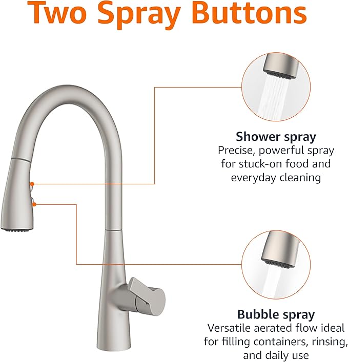Amazon Basics Pull-Down Sprayer Kitchen Faucet with Fast Mount, 2 Spray Mode, Spot-Free Stainless Finish, Easy Installation, 1-Pack