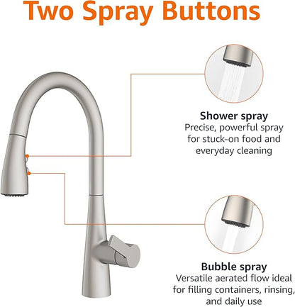 Amazon Basics Pull-Down Sprayer Kitchen Faucet with Fast Mount, 2 Spray Mode, Spot-Free Stainless Finish, Easy Installation, 1-Pack
