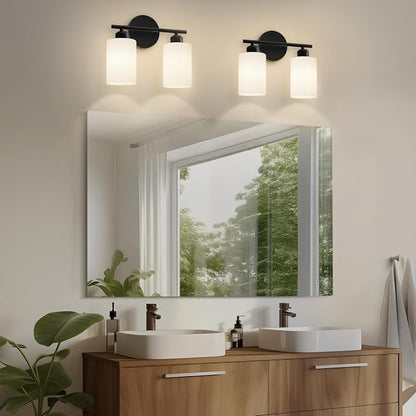 2-Light Bathroom Light Fixtures, Black Modern Vanity Lights with Milky White Frosted Glass Shades, Wall Sconce Light for Bedroom, Living Room and Hallway, 2-Pack