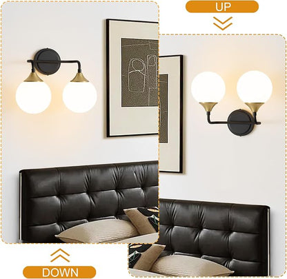 Black Gold Bathroom Light Fixtures Over Mirror Vanity 2-Light | Mid Century Modern Matte Black Gold Wall Sconce with Milky White Glass Ball Shades for for Bathroom Dressing Table Bedroom