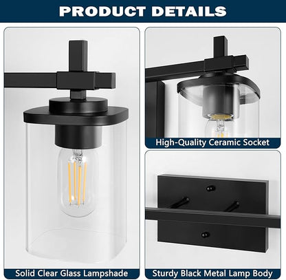 2-Lights Bathroom Vanity Lights, Matte Black Vanity Light Fixtures Over Mirror, Modern Wall Sconces with Clear Glass Shade, Wall Light Fixture for Bedroom Hallway Living Room