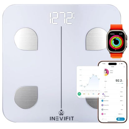 INEVIFIT Smart Body Fat Scale, Highly Accurate Bluetooth Digital Bathroom Body Composition Analyzer, Measures Weight, Body Fat, Water, Muscle, Visceral Fat & Bone Mass for Unlimited Users (White)