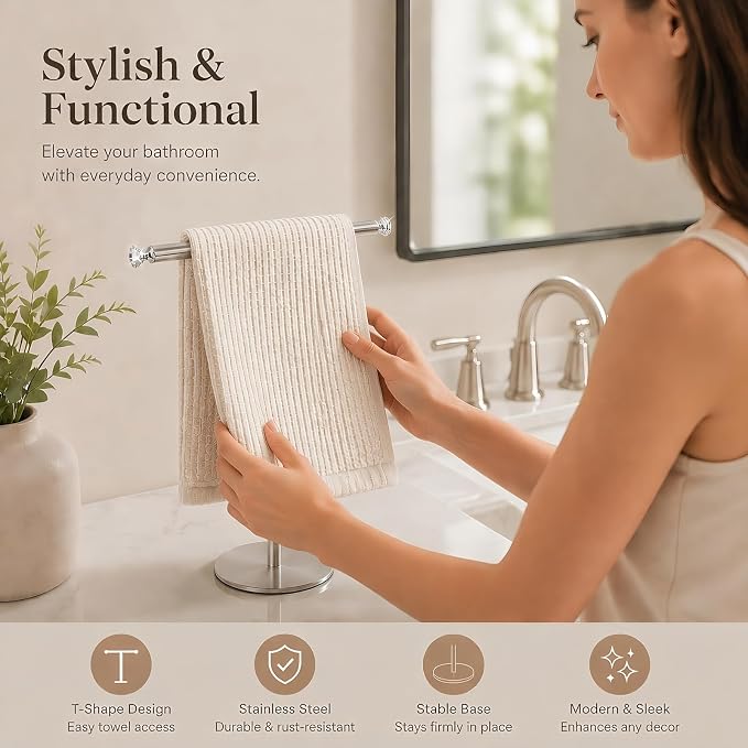 Songtec Hand Towel Holder Stand with Crystal knobs, Fingertip Towel Rack, Rust-Proof Accessories Jewelry Stand - Brushed Nickel