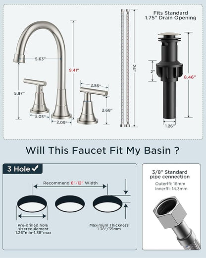 FORIOUS Brushed Nickel Bathroom Faucet 3 hole, 2 Handle 360° Swivel Gooseneck 8 Inch Widespread Bthroom Sink Faucet Brushed Nickel 3 Hole with Hot and Cold Water Hose, Farmhouse Restroom renovation