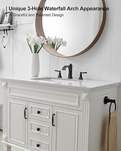 Waterfall Bathroom Faucet 3 Hole, 4-16 Inch Oil Rubbed Bronze Bathroom Faucet, Brass Bathroom Sink Faucet, 2 Handle Bathroom Faucets, Bathroom Vanity Faucet with Pop-Up Drain, Water Hoses