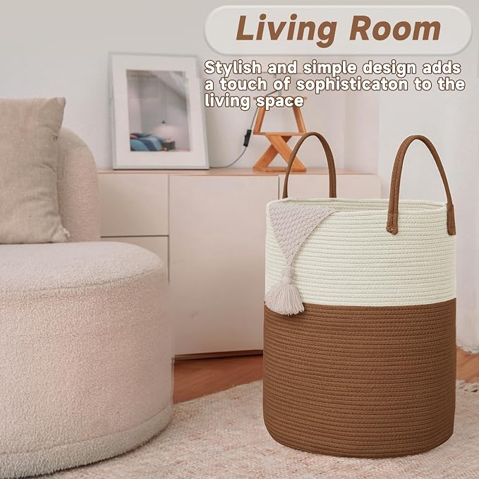 JMvicyroam 80L Cotton Rope Laundry Basket Hamper, White and Brown | Collapsible laundry basket, reinforced handles, freestanding, machine washable, holds 3-5 thick blankets, clothes or toys