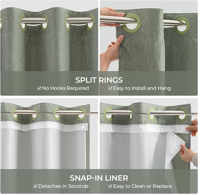 River Dream Linen Textured No Hooks Shower Curtain with Liner,Green,71x74 | with Snap-in Liner,Heavy Duty Fabric,Quick Dry,Bottom Magnets,Water-Repellent,Washable,Farmhouse Bathroom Set
