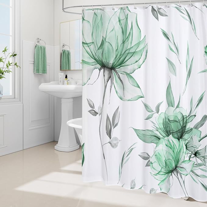 Litabel Extra Long Boho Watercolor Floral Shower Curtain 72 x 84, Mint Green Painting Style Flower Shower Curtains for Chic Elegant Bathroom, Artistic XL Modern Fabric Cloth Shower Curtain