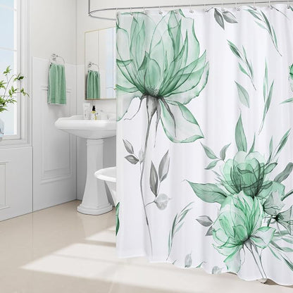 Litabel Small Stall Boho Watercolor Floral Shower Curtain 36 x 72, Mint Green Ink Painting Style Flower Shower Curtains for Chic Elegant Bathroom, Artistic Narrow Half Size Shower Curtain