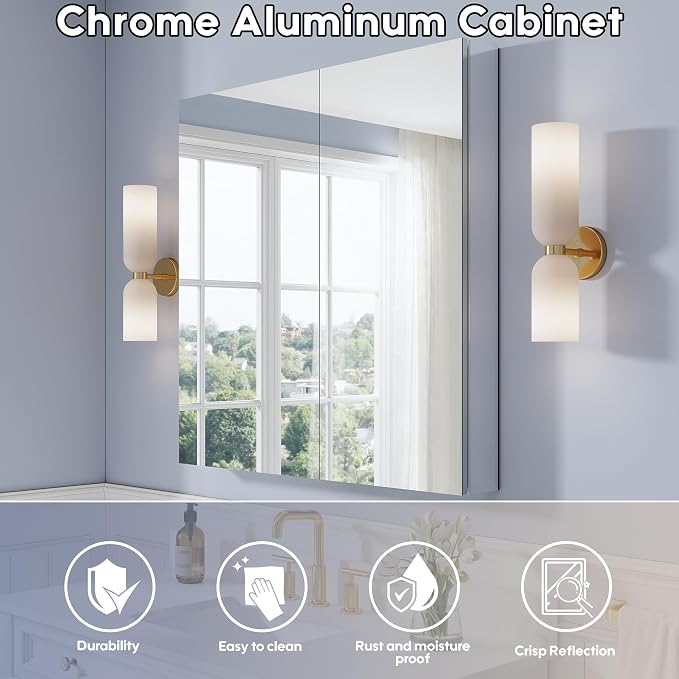 36" x 36" Bathroom Medicine Cabinet with Mirror, Anodized Chrome Aluminum Frame, Surface Mount or Recessed Medicine Cabinet with Mirror, Bathroom Mirror with Storage, Double Doors