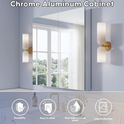36" x 36" Bathroom Medicine Cabinet with Mirror, Anodized Chrome Aluminum Frame, Surface Mount or Recessed Medicine Cabinet with Mirror, Bathroom Mirror with Storage, Double Doors