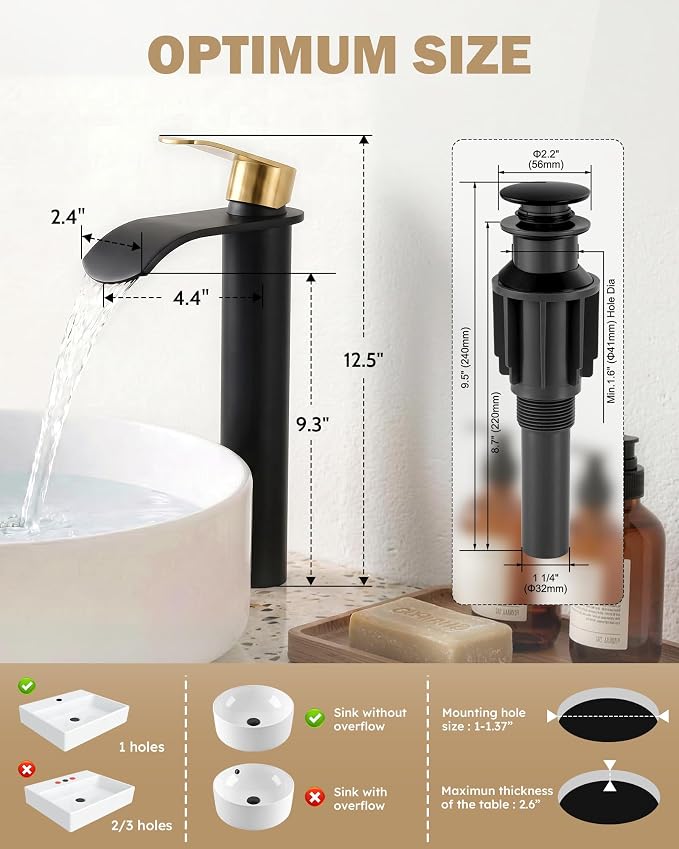 Vessel Sink Faucet Black and Gold：WOWOW Single Handle Tall Bathroom Faucet - Waterfall Single Hole Mixer Bar Tap with Large Rectangular Spout, Deck Mount Lavatory Vanity with Pop Up Drain