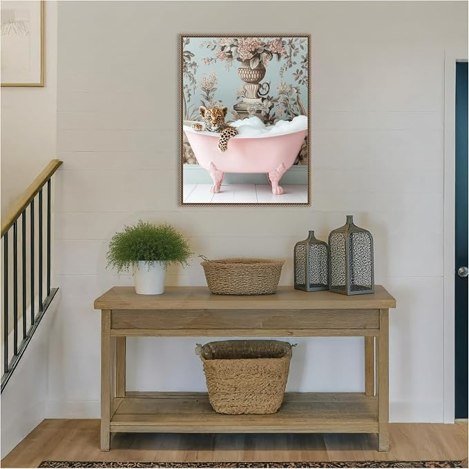 Amanti Art Framed Canvas Wall Art 30x23 Leopard Pink Bubble Bath by Niky Rahner, Framed Wall Art Canvas, Animals Artwork, Traditional Decor, Large Poster Painting for Living Room, Bedroom, Bathroom