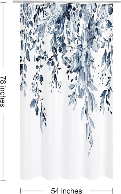 Navy Eucalyptus Shower Curtain, Watercolor Floral Print, 54x78 | Watercolor Plant Leaves Floral Print, Waterproof Fabric Bathroom Decor, Machine Washable, Rustproof Grommets