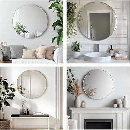 Round Mirror, 26 inch Silver Circle Mirror,Bruhsed Nickel Metal Frame | High Definition,Waterproof,Rust-resistant,Round Mounted Mirrors for Bathroom,Living Room,Bedroom,Hallyway,Vanity,Wall Décor