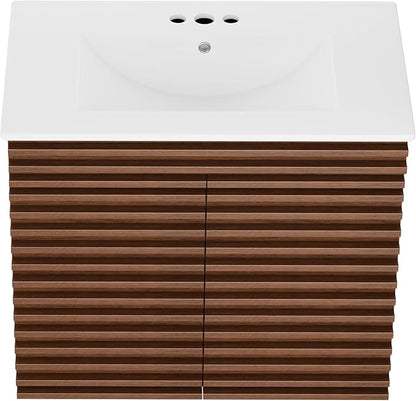 ROOMTEC 30" Bathroom Vanity with Ceramic Sink Combo, Mid-Century Wall Mounted Floating Vanity Cabinet with 2 Closing Doors, Wood Grain Texture, Walnut
