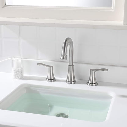 Brushed Nickel Widespread Bathroom Sink Faucet 8 Inch for Vanity | with All Metal Pop Up Drain, High Arc 2 Handle Lead-Free Deck Mount Bathroom Faucet for 3 Hole Lavatory Utility Sink