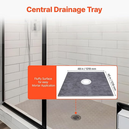 VEVOR Shower Curb Kit, 48 x 48 in Watertight Shower Curb Overlay with 4 in PVC Center Bonding Flange, 4 in Stainless Steel Grate, 2 Cuttable Shower Curbs Trowel and Shower Pan Slope Stick for Bathroom