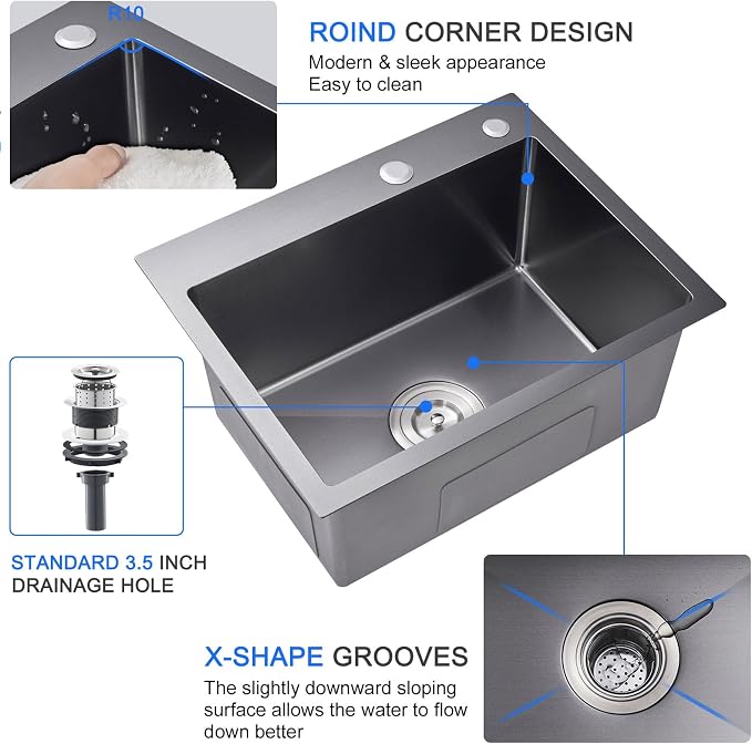 24 inch Drop-In Single Bowl Kitchen Sink 304 Black Steel 9" Deep | 24"x18" Black Drop in Sink | 304 SS | Topmount | 9" Deep Basin | Single Bowl | Residential/Prep